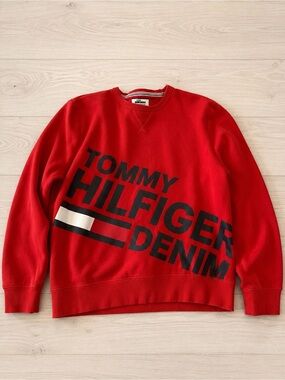 Tommy Hilfiger Denim Red Oversized Logo Crewneck Sweatshirt Size M